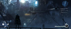 Rule 34 | 1girl, absurdres, asteroid ill, bad id, bad twitter id, building, city, city lights, cityscape, commentary, crane (machine), cyberpunk, dark, fake screenshot, from behind, gameplay mechanics, green eyes, headlight, heads-up display, health bar, highres, iz (asteroid ill), jacket, neon trim, original, railing, scenery, science fiction, solo, speech bubble, translated, user interface, white hair, wide shot