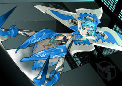 Rule 34 | 1girl, blade (galaxist), blue eyes, blue hair, large weapon, matching hair/eyes, non-web source, recolor, short hair, solo, sword, weapon