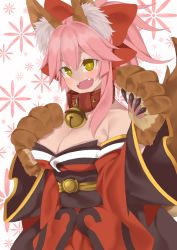 Rule 34 | 1girl, @ @, absurdres, animal ears, animal hands, bell, blush, breasts, cat paws, cleavage, collar, collarbone, e draw paint, fangs, fate/grand order, fate (series), fox ears, fox tail, gloves, hair ribbon, hand on own chest, highres, japanese clothes, jingle bell, kimono, large breasts, long hair, looking at viewer, neck bell, open mouth, paw gloves, pink hair, ponytail, red kimono, ribbon, solo, tail, tamamo (fate), tamamo cat (fate), tamamo cat (first ascension) (fate), yellow eyes