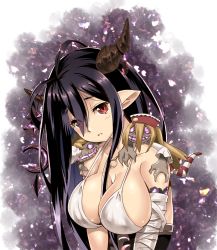 Rule 34 | 10s, 1girl, antenna hair, bandages, black hair, blush, breasts, cleavage, danua, draph, dress, female focus, gradient background, granblue fantasy, gretel (granblue fantasy), hair between eyes, hansel (granblue fantasy), horn ornament, horns, jewelry, large breasts, long hair, looking at viewer, necklace, pointy ears, red eyes, shinozuka atsuto, solo