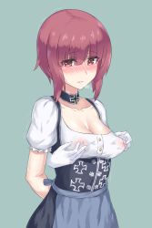 Rule 34 | 10s, 1girl, apron, blue apron, blush, breasts, brown eyes, brown hair, covered erect nipples, dirndl, german clothes, grabbing, grabbing another&#039;s breast, highres, kantai collection, large areolae, mizuumi (bb), nipple stimulation, nipple tweak, nipples, see-through, short hair, solo, solo focus, underbust, waist apron, z3 max schultz (kancolle)