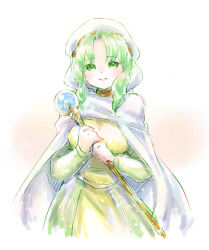 Rule 34 | 1girl, breasts, cape, dress, fire emblem, fire emblem: thracia 776, green dress, green eyes, green hair, holding, holding staff, hood, kitazawa eri, large breasts, looking at viewer, nintendo, nun, safy (fire emblem), smile, solo, staff, white cape