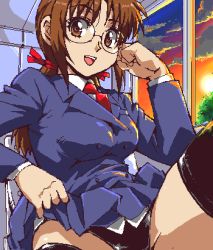 Rule 34 | 1girl, armband girl (kamisimo 90), black panties, black thighhighs, blue jacket, blue skirt, breasts, brown eyes, brown hair, buttons, commentary request, double-breasted, glasses, hair ornament, hair ribbon, jacket, kamisimo 90, leg up, long sleeves, looking at viewer, lowres, medium breasts, oekaki, original, panties, pleated skirt, presenting, red neckwear, red ribbon, ribbon, school uniform, shirt, sitting, skirt, spread legs, thighhighs, thighs, twintails, underwear, uniform, white shirt