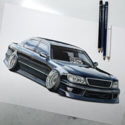 Rule 34 | absurdres, art tools in frame, black car, car, colored pencil, colored pencil (medium), commentary, english commentary, highres, lexus, lexus ls, marker (medium), modifiedartworks, motor vehicle, no humans, original, pencil, photo (medium), shadow, stance (vehicle), traditional media, vehicle focus, white background