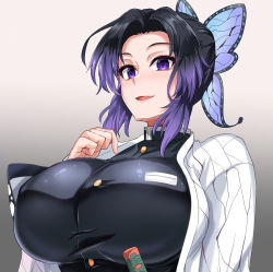 Rule 34 | 1girl, blush, breasts, butterfly hair ornament, buttons, female focus, gradient background, hair ornament, hand on own chest, hand up, huge breasts, kimetsu no yaiba, kochou shinobu, light blush, looking at viewer, matching hair/eyes, nose blush, open mouth, puripuri jet, purple eyes, purple hair, simple background, smile, solo, upper body