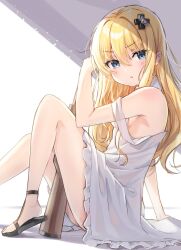 Rule 34 | 1girl, arm support, armpits, bare arms, bare legs, bare shoulders, between legs, black footwear, blonde hair, blue eyes, blush, breasts, collar, cross hair ornament, dress, eyelashes, foot out of frame, frilled dress, frills, from side, gun, hair between eyes, hair ornament, hand to head, hand up, highres, kisaragi alice, knees up, leaning back, legs, long hair, looking at viewer, looking to the side, no bra, no socks, on ground, open mouth, parted lips, sandals, sentouin hakenshimasu!, shadow, short dress, sidelighting, sitting, sleeveless, sleeveless dress, small breasts, solo, strap slip, sundress, tsukiman, turning head, v-shaped eyebrows, weapon, white collar, white dress