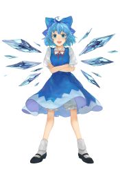 Rule 34 | 1girl, :d, ahoge, black footwear, bloomers, blue bow, blue dress, blue eyes, blue hair, bobby socks, bow, cirno, collared shirt, commentary, crossed arms, dress, full body, hair bow, highres, ice, ice wings, legs apart, looking at viewer, mary janes, neck ribbon, open mouth, puffy short sleeves, puffy sleeves, red ribbon, ribbon, shidaccc, shirt, shoes, short hair, short sleeves, simple background, smile, socks, solo, standing, touhou, underwear, v-shaped eyebrows, white background, white shirt, wing collar, wings