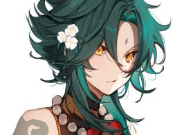 Rule 34 | 1boy, bad id, bad pixiv id, black hair, flower, genshin impact, green hair, jewelry, male focus, multicolored hair, necklace, pale skin, shotgunman, simple background, tattoo, white background, xiao (genshin impact), yellow eyes