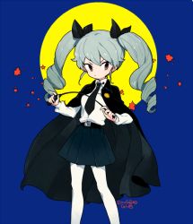Rule 34 | 10s, 1girl, anchovy (girls und panzer), anzio school uniform, belt, black belt, black cape, black necktie, blue background, cape, closed mouth, feet out of frame, girls und panzer, grey hair, hair ornament, hands up, l hakase, long hair, long sleeves, looking at viewer, necktie, pantyhose, pleated skirt, puffy sleeves, riding crop, ringlets, school uniform, shirt, signature, skirt, solo, tsurime, twintails, twitter username, v-shaped eyebrows, white pantyhose, white shirt, wing collar