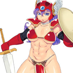 Rule 34 | 1girl, abs, armor, bikini armor, blue eyes, breasts, choker, chunsoft, cleavage, collarbone, curly hair, detached sleeves, dragon quest, dragon quest iii, elbow gloves, enix, gloves, helmet, large breasts, loincloth, long hair, navel, open mouth, pauldrons, purple hair, red armor, red gloves, shield, shoulder armor, shoulder pads, simple background, soldier (dq3), solo, sword, tsukudani (coke-buta), underboob, weapon, white background, winged helmet