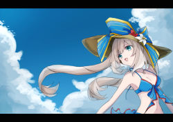 Rule 34 | bikini, blue eyes, blush, fate/grand order, fate (series), flower, grey hair, hat, jewelry, long hair, marie antoinette (fate), necklace, smile, swimsuit