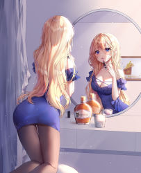 Rule 34 | 1girl, alcohol, applying makeup, artist name, ass, bad id, bad pixiv id, bare shoulders, blonde hair, blue eyes, blush, breasts, brown pantyhose, cleavage, commentary request, cosmetics, cup, curtains, dated, dress, drinking glass, feet out of frame, glass bottle, highres, holding, holding lipstick tube, indoors, kneeling, lipstick tube, long hair, medium breasts, mirror, nail polish, off-shoulder dress, off shoulder, open mouth, original, pantyhose, pink lips, pink lipstick tube, purple dress, purple nails, reflection, shiro albino, solo, thigh gap, whiskey