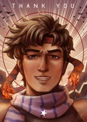Rule 34 | 1boy, bad id, bad twitter id, battle tendency, bird, blue eyes, brown hair, burning, grin, headband, highres, jojo no kimyou na bouken, joseph joestar, joseph joestar (young), looking at viewer, male focus, portrait, scarf, signature, smile, solo, star (symbol), striped clothes, striped scarf, text focus, thank you, wystars