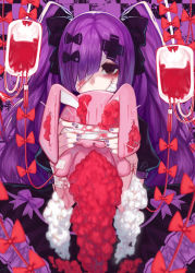 Rule 34 | 1girl, absurdres, bandages, bandage on face, black bow, blood, blood bag, blood stain, bow, commentary request, doku-chan (dokkudokudoku), eyepatch, hair bow, hair over one eye, highres, long hair, looking at viewer, needle, original, purple bow, purple hair, red bow, solo, stuffed animal, stuffed rabbit, stuffed toy, twintails, very long hair, yandere