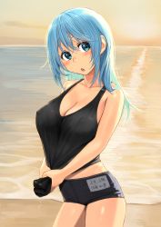 Rule 34 | 1girl, :o, alternate costume, aqua (konosuba), bare arms, bare shoulders, beach, black shorts, blue eyes, blue hair, blush, breasts, cleavage, collarbone, commentary request, contemporary, covered erect nipples, cowboy shot, hair down, highres, izawa (bhive003), kono subarashii sekai ni shukufuku wo!, large breasts, leaning forward, long hair, looking at viewer, ocean, open mouth, outdoors, short shorts, shorts, solo, sunset, translation request, wringing clothes