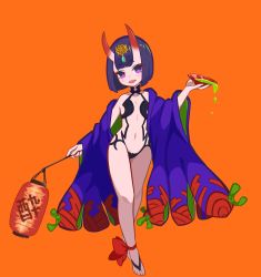 Rule 34 | 1girl, absurdres, alcohol, ankle ribbon, artist request, bare shoulders, barefoot sandals (jewelry), blush, bob cut, breasts, collarbone, cup, eyeliner, fate/grand order, fate (series), full body, headpiece, highres, horns, japanese clothes, kimono, lantern, leg ribbon, legs, long sleeves, looking at viewer, makeup, navel, off shoulder, oni, open clothes, open kimono, open mouth, orange background, paper lantern, purple eyes, purple hair, purple kimono, red ribbon, revealing clothes, ribbon, sakazuki, sake, short eyebrows, short hair, shuten douji (fate), simple background, skin-covered horns, small breasts, smile, wide sleeves
