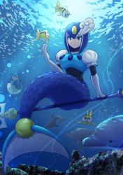 Rule 34 | 1boy, 1girl, :&lt;, air bubble, android, animal, artist name, blue eyes, blue headwear, bubble, closed mouth, dolphin, elbow gloves, eyeshadow, fins, fish, full body, gloves, hand up, helmet, highres, joints, makeup, mega man (character), mega man (classic), mega man (series), mega man 9, mermaid, monster girl, polearm, purple eyeshadow, robot joints, school of fish, sidesaddle, sitting, splash woman, togeshiro azami, trident, underwater, water, weapon, white gloves