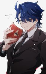 Rule 34 | 1boy, black jacket, black necktie, blue hair, breast pocket, buttons, closed mouth, collared shirt, commentary request, dress shirt, eyes visible through hair, green eyes, hair over one eye, highres, holding, holding mask, honkai: star rail, honkai (series), jacket, jifu (gifu 7), lapels, long sleeves, looking at viewer, male focus, mask, multicolored hair, necktie, parted bangs, pocket, raised eyebrows, sampo koski, shirt, short hair, simple background, smile, smirk, solo, swept bangs, translation request, unworn mask, upper body, white background, white hair, white shirt, wing collar