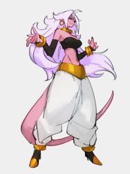 Rule 34 | 1girl, android 21, breasts, choker, colored skin, dragon ball, dragon ball fighterz, earrings, full body, grey background, hoop earrings, jewelry, kemachiku, long hair, looking at viewer, majin android 21, medium breasts, midriff, navel, pink hair, pink skin, pointy ears, red eyes, simple background, smile, solo, standing, tail, yellow choker