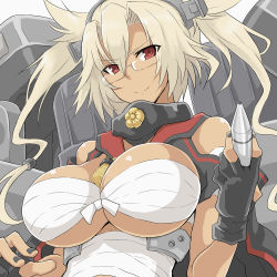 Rule 34 | 10s, 1girl, bare shoulders, blonde hair, breasts, budget sarashi, bursting breasts, dark skin, dark-skinned female, glasses, impossible clothes, ishioto, kantai collection, large breasts, long hair, looking at viewer, musashi (kancolle), nail polish, naughty face, pointy hair, red eyes, sarashi, smile, solo, twintails, two side up, underboob