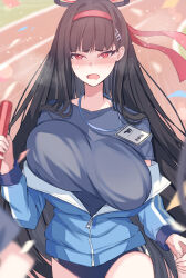 Rule 34 | 1girl, black hair, black shirt, blue archive, blue buruma, blush, breasts, buruma, confetti, drooling, exhausted, halo, headband, highres, huge breasts, jacket, jacket partially removed, lanyard, long hair, mi taro333, mouth drool, open clothes, open jacket, partially unzipped, red eyes, red headband, relay baton, rio (blue archive), running, running track, shaded face, shirt, solo, straight hair, sweatdrop, very long hair