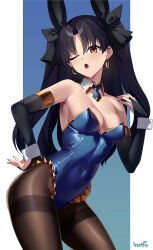 Rule 34 | 1girl, absurdres, animal ears, armlet, black hair, blue leotard, breasts, brown pantyhose, covered navel, detached collar, detached sleeves, earrings, fake animal ears, fate/grand order, fate (series), gold trim, hair ribbon, highleg, highleg leotard, highres, hoop earrings, ishtar (fate), jewelry, kurozawa yui, leotard, long hair, looking at viewer, medium breasts, nail polish, one eye closed, open mouth, pantyhose, parted bangs, playboy bunny, rabbit ears, rabbit tail, red eyes, ribbon, solo, tail, thighband pantyhose, thighs, two side up, wrist cuffs