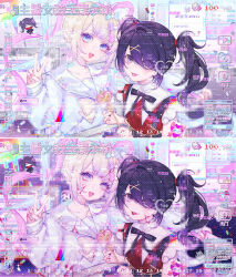 Rule 34 | 2girls, aegyo sal, ame-chan (needy girl overdose), black hair, black ribbon, blonde hair, blood, blood on clothes, blood on face, blue bow, blue eyes, blue hair, bow, chibi, chibi inset, chouzetsusaikawa tenshi-chan, collared shirt, commission, glitch, grey eyes, hair bow, hair ornament, hair over one eye, hand up, heart, heart hair ornament, heart in eye, highres, holding, holding wand, long hair, long sleeves, looking at viewer, multicolored hair, multicolored nails, multiple girls, multiple hair bows, multiple views, muyang (mihuashi 91272), neck ribbon, needy girl overdose, open mouth, pink bow, pink hair, purple bow, quad tails, rainbow, red shirt, ribbon, sample watermark, shirt, smile, suspenders, symbol in eye, tongue, tongue out, twintails, upper body, v, wand, watermark, window (computing), x hair ornament, yellow bow