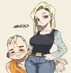 Rule 34 | 1boy, 1girl, absurdres, android 18, bald, belt, blonde hair, breasts, denim, dragon ball, dragonball z, earrings, hand on another&#039;s head, highres, jeans, jewelry, kuririn, long sleeves, medium breasts, medium hair, mature female, open mouth, pants, shirt tucked in, signature, simple background, smile, whoopsatro, yellow background