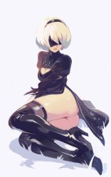 Rule 34 | 1girl, ass, black blindfold, black dress, black thighhighs, blindfold, boots, breasts, cleavage, cleavage cutout, clothing cutout, dress, feather-trimmed sleeves, grass, hairband, high heel boots, high heels, lying, mole, mole under mouth, nier (series), nier:automata, on side, optionaltypo, short hair, silver hair, simple background, solo, thighhighs, thighhighs under boots, 2b (nier:automata)