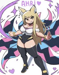 Rule 34 | 1girl, absurdres, ahri (league of legends), animal ears, black footwear, black leotard, blonde hair, boots, bracelet, breasts, choker, cleavage, collarbone, fox ears, fox girl, fox tail, grin, heart, heart choker, high heels, highres, jewelry, k/da (league of legends), k/da ahri, kitsune, large breasts, league of legends, leotard, long hair, looking at viewer, multiple tails, off shoulder, shirt, short sleeves, smile, sparkle, standing, tail, teeth, thick thighs, thigh boots, thighs, tony welt, white background, white shirt, wide hips, yellow eyes