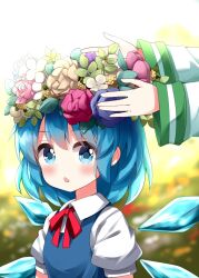 Rule 34 | 2girls, :o, blue eyes, blue hair, blue vest, blush, character request, cirno, collared shirt, commentary request, head wreath, highres, multiple girls, neck ribbon, puffy short sleeves, puffy sleeves, red ribbon, ribbon, ruu (tksymkw), shirt, short sleeves, touhou, vest, white shirt