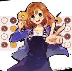 Rule 34 | 10s, 1girl, 2015, :d, artist name, blue eyes, blush, brown hair, collarbone, dated, doughnut, easu, easu (park jihye), food, head tilt, holding, holding food, jacket, long sleeves, looking at viewer, miyamori aoi, open mouth, outstretched arm, overalls, shirobako, short hair, sketch, smile, solo, suspenders, v