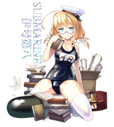 Rule 34 | 10s, 1girl, adjusting eyewear, aqua eyes, blonde hair, book, coffee cat, glasses, hair ribbon, hat, i-8 (kancolle), kantai collection, long hair, looking at viewer, one-piece swimsuit, red-framed eyewear, ribbon, school swimsuit, sitting, smile, solo, swimsuit, thighhighs, torpedo, twintails, weapon, white thighhighs