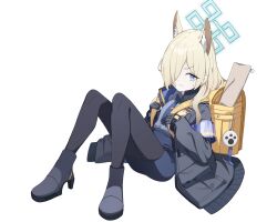 Rule 34 | 1girl, absurdres, aged down, animal ear fluff, animal ears, armband, backpack, bag, black footwear, black jacket, black necktie, black pantyhose, black skirt, blue archive, blue armband, blue eyes, commentary request, dog ears, dog girl, full body, hair over one eye, halo, high heels, highres, jacket, kanna (blue archive), light brown hair, long hair, long sleeves, looking at viewer, necktie, open clothes, open jacket, pantyhose, paw print, pencil skirt, police, police uniform, policewoman, randoseru, shoes, sidelocks, simple background, sitting, skirt, solo, toombo12, uniform, white background