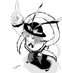 Rule 34 | 1girl, ascot, bow, capelet, dutch angle, expressionless, foreshortening, frills, from above, greyscale, hand on own hip, hat, hat bow, hat ribbon, index finger raised, legs apart, long sleeves, monochrome, nagae iku, pointing, pointing up, ribbon, saturday night fever, shawl, shirt, skirt, taurine 8000mg, touhou