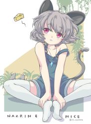 Rule 34 | 1girl, ahoge, alternate costume, animal ears, blush, character name, cheese, english text, eyebrows, food, gem, grass, grey hair, iris anemone, jewelry, looking to the side, looking up, mountain, mouse (animal), mouse ears, mouse tail, nazrin, no shirt, overalls, parted lips, pendant, pink eyes, short hair, sitting, solo, tail, tail bracelet, thighhighs, touhou, twitter username, white background, white thighhighs, willow, wind