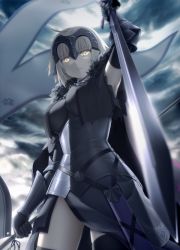 Rule 34 | 1girl, ahoge, armor, armored dress, armpits, black gloves, black thighhighs, blonde hair, blurry, bracer, breasts, cape, chain, closed mouth, cloud, commentary request, depth of field, elbow gloves, fate/grand order, fate (series), flag, from below, frown, fur-trimmed cape, fur trim, glint, gloves, goribote, headpiece, holding, holding sword, holding weapon, jeanne d&#039;arc (fate), jeanne d&#039;arc alter (avenger) (fate), jeanne d&#039;arc alter (fate), looking at viewer, looking down, outdoors, revision, short hair, sky, solo, standing, sword, thighhighs, weapon, yellow eyes