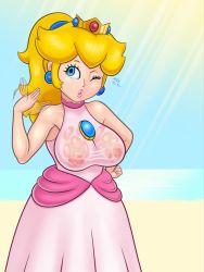 Rule 34 | 1girl, bare arms, bare shoulders, beach, blonde hair, blue eyes, breasts, brooch, crown, dress, earrings, eyelashes, hand up, highres, jewelry, large areolae, large breasts, lips, looking at viewer, mario (series), mini crown, nintendo, nipples, no bra, open mouth, outdoors, pink lips, ponytail, princess peach, see-through, sleepiitreat, sleeveless, sleeveless dress, solo, sunlight, super mario sunshine, sweat, teeth