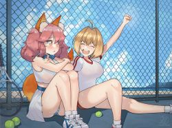 Rule 34 | 2girls, :d, :o, absurdres, ahoge, animal ear fluff, animal ears, artist logo, artist name, ball, bare shoulders, beach, blonde hair, blue collar, blush, breasts, clenched hand, closed eyes, collar, commentary, day, english commentary, eyebrows hidden by hair, eyelashes, fate/extra, fate (series), fence, fox ears, fox girl, fox tail, hair intakes, hand up, highres, large breasts, long hair, medium hair, multiple girls, nero claudius (fate), nero claudius (fate) (all), nero claudius (fate/extra), open mouth, outdoors, outstretched arm, outstretched leg, panties, pink hair, racket, runicrow, shoes, sidelocks, sitting, skirt, smile, sneakers, sportswear, striped clothes, striped panties, sweat, tail, tamamo (fate), tamamo no mae (fate/extra), tearing up, teeth, tennis ball, tennis racket, tennis uniform, twintails, underwear, yellow eyes