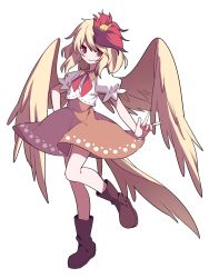 Rule 34 | 1girl, animal, animal on head, bing zizi, bird, bird tail, blonde hair, boots, brown dress, brown footwear, chick, dress, feathered wings, full body, hand on own hip, highres, looking at viewer, medium hair, multicolored hair, niwatari kutaka, on head, puffy short sleeves, puffy sleeves, red eyes, red hair, red neckwear, shirt, short sleeves, slit pupils, smile, solo, standing, standing on one leg, tail, touhou, transparent background, two-tone hair, w, white shirt, wings