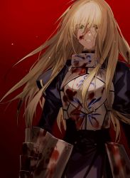 Rule 34 | 1girl, armor, artoria pendragon (all), artoria pendragon (fate), blonde hair, blood, blood on face, breastplate, broken armor, bsq, cowboy shot, crying, crying with eyes open, fate/grand order, fate/zero, fate (series), green eyes, highres, long hair, looking at viewer, messy hair, red background, saber (fate), sad, scene reference, solo, tears
