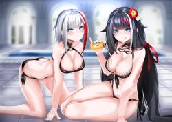 Rule 34 | 2girls, absurdres, admiral graf spee (azur lane), all fours, ass, azur lane, bikini, black bikini, black hair, blue eyes, blush, bottle, breasts, butt crack, cleavage, cleavage cutout, clothing cutout, deutschland (azur lane), deutschland (service time?!) (azur lane), flower, hair flower, hair ornament, hibiscus, highres, holding, holding bottle, huge filesize, large breasts, long hair, looking at viewer, lotion, lotion bottle, medium breasts, multicolored hair, multiple girls, no tail, pouring, pouring onto self, red hair, short hair, silver hair, sitting, smile, streaked hair, suggestive fluid, sunscreen, surota, swimsuit, thighs, tongue, tongue out