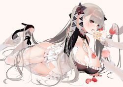 Rule 34 | 1girl, ann (ann58533111), azur lane, between breasts, black footwear, black nails, bow, breasts, cake, cake slice, cleavage, disembodied limb, dress, eating, feeding, food, food on body, food on breasts, formidable (azur lane), frilled dress, frills, fruit, garter straps, grey hair, hair ribbon, high heels, large breasts, long hair, lying, nail polish, no pants, on side, open mouth, panties, red eyes, ribbon, simple background, solo focus, strawberry, thighhighs, twintails, two-tone ribbon, underwear, very long hair, white panties, white thighhighs
