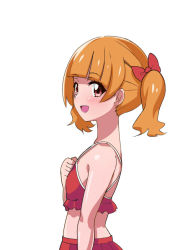 Rule 34 | 10s, 1girl, :d, aisaki emiru, bikini, blunt bangs, blush, bow, commentary request, hair bow, hugtto! precure, looking at viewer, open mouth, orange hair, pink eyes, precure, red bikini, red bow, short hair, simple background, smile, solo, swimsuit, twintails, upper body, white background, yodarekaketati