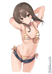 Rule 34 | 1girl, armpits, arms behind head, bikini, black shorts, blush, brown eyes, brown hair, collarbone, cropped legs, ebifurya, front-tie bikini top, front-tie top, groin, hair between eyes, highres, kantai collection, long hair, navel, no headwear, one-hour drawing challenge, parted lips, shorts, side-tie bikini bottom, simple background, solo, striped bikini, striped clothes, swimsuit, taihou (kancolle), twitter username, white background