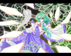Rule 34 | 1girl, adapted costume, alternate costume, asymmetrical hair, bad id, bad pixiv id, blue skirt, cowboy shot, detached sleeves, female focus, frog hair ornament, green eyes, green hair, hair ornament, kochiya sanae, letterboxed, long sleeves, looking at viewer, magic, matching hair/eyes, nontraditional miko, skirt, snake hair ornament, solo, touhou, wide sleeves