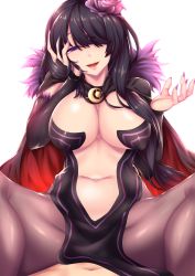 Rule 34 | 10s, 1boy, 1girl, black hair, breasts, bridal gauntlets, cape, cleavage, cloak, detached sleeves, elbow gloves, elsa granhilte, fi-san, gloves, hair over one eye, hand on own cheek, hand on own face, highres, large breasts, long hair, nail polish, navel, pantyhose, pelvic curtain, purple eyes, purple nails, re:zero kara hajimeru isekai seikatsu, revealing clothes, smile, transparent background, two-sided cloak, two-sided fabric