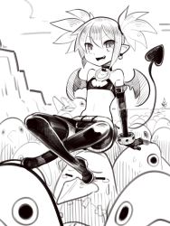 Rule 34 | 1girl, :d, bat wings, belt, boa (brianoa), boots, bra, bracelet, brown theme, choker, commentary, creature, crossed legs, demon girl, demon tail, disgaea, disgaea d2, earrings, etna (disgaea), greyscale, highres, jewelry, looking at viewer, makai senki disgaea, midriff, miniskirt, monochrome, open mouth, pointy ears, prinny, short hair, sitting, sitting on person, sketch, skirt, skull earrings, smile, spiked hair, tail, thigh boots, thighhighs, twintails, underwear, wings