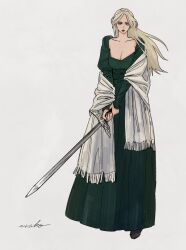 Rule 34 | 1girl, black dress, blonde hair, boots, breasts, cleavage, closed mouth, dress, dungeon meshi, floating hair, full body, genderswap, genderswap (mtf), green dress, grey footwear, grey hair, highres, holding, holding sword, holding weapon, juliet sleeves, laios touden, large breasts, long hair, long sleeves, parted bangs, puffy sleeves, shawl, signature, simple background, solo, standing, sword, unsheathed, urako (iamurako), v arms, weapon, white background