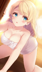 Rule 34 | 1girl, ahoge, blonde hair, blue eyes, blurry, blurry background, blush, breasts, cleavage, collarbone, commentary request, crawling, hand on wall, komone ushio, large breasts, light, long hair, looking to the side, naked towel, open mouth, original, solo, towel
